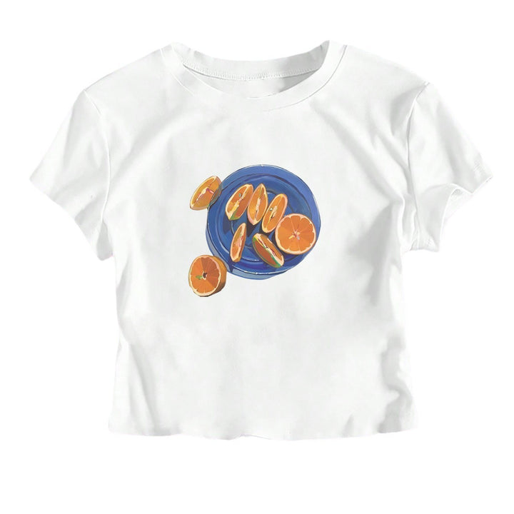 Dame Crop-T-Shirt med frugtagtig design og afslappet skæring Skovae
