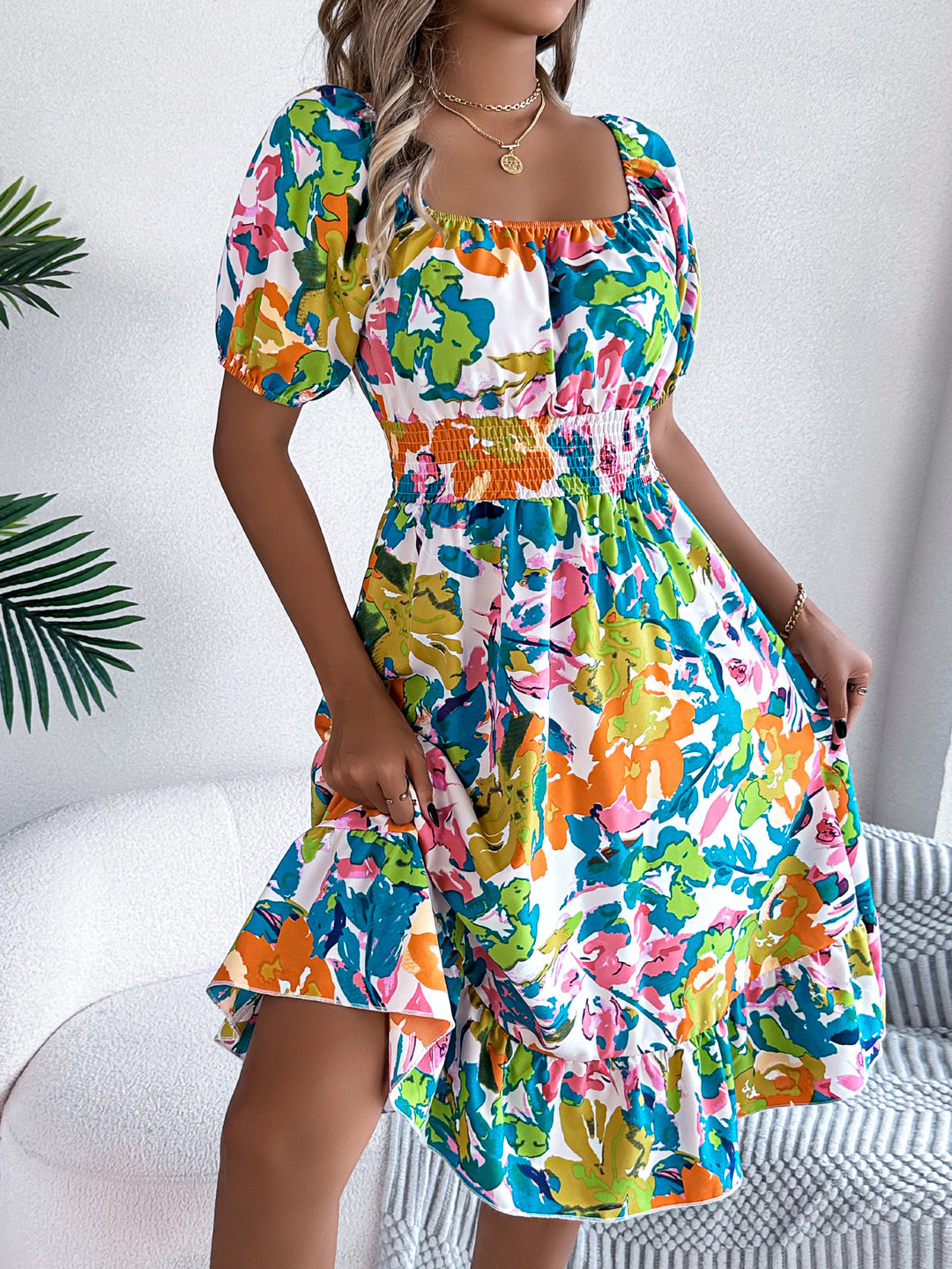 Dame Offshoulder Blomsterkjole med Puffærmer Stilla