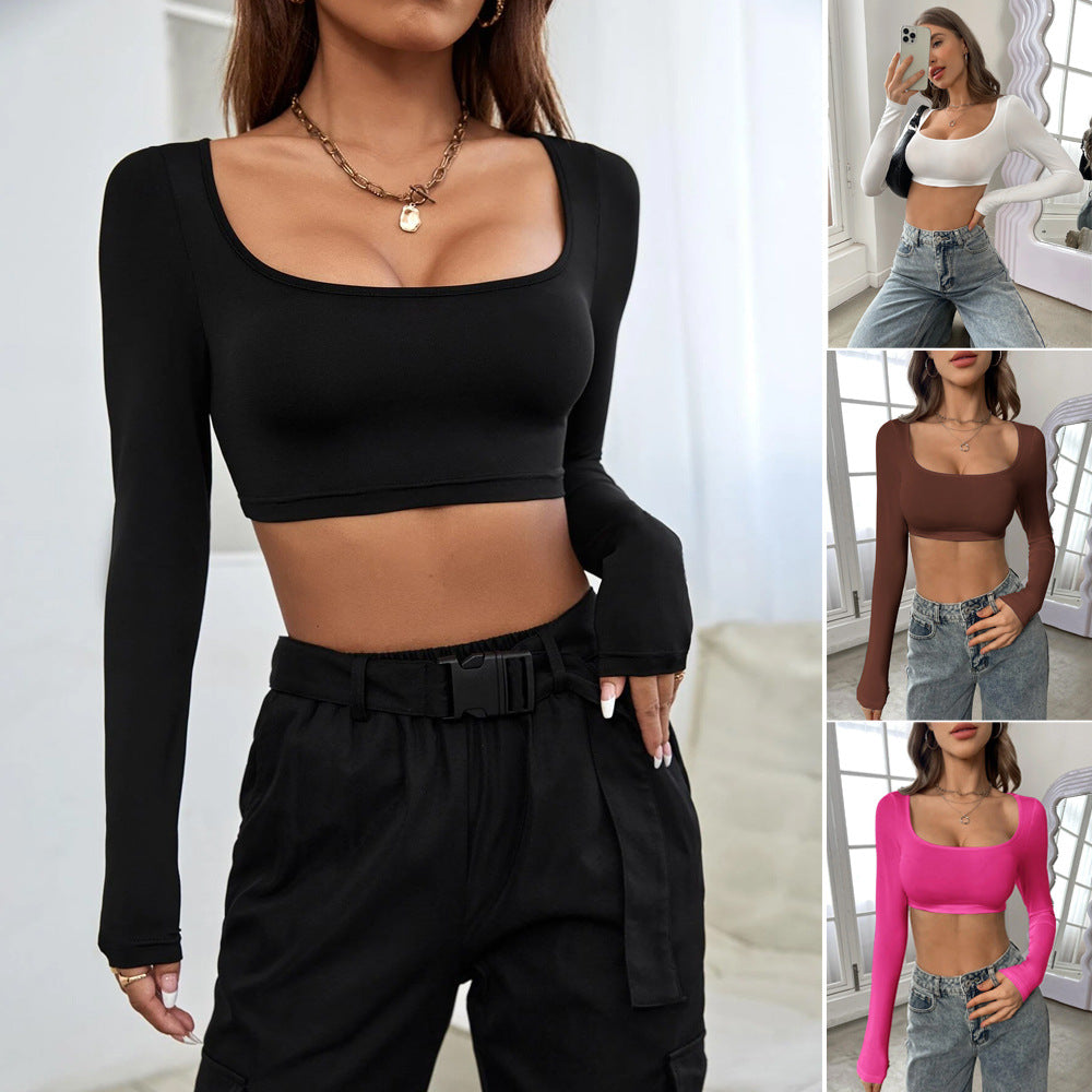 Kvinders langærmet crop top med elegant firkantet halsudskæring og behagelig pasform Stilla