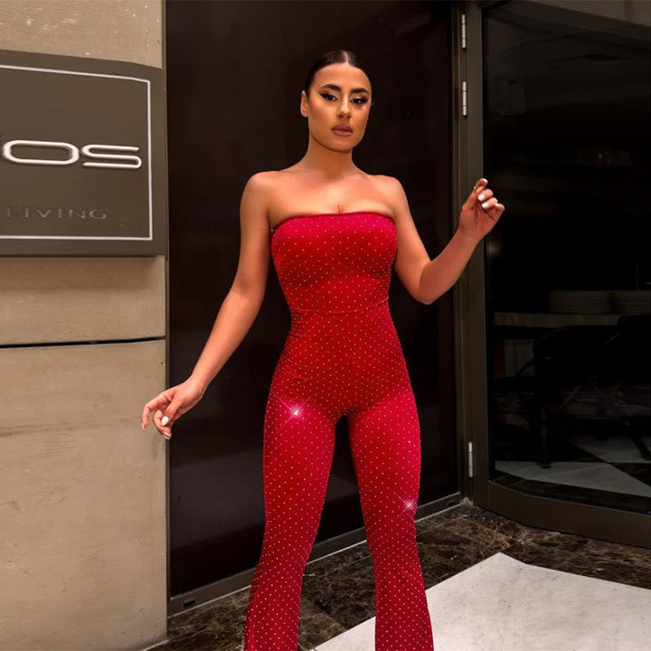 Dame Glamourøst Jumpsuit med skinnende applikationer og smalle ben Skovae