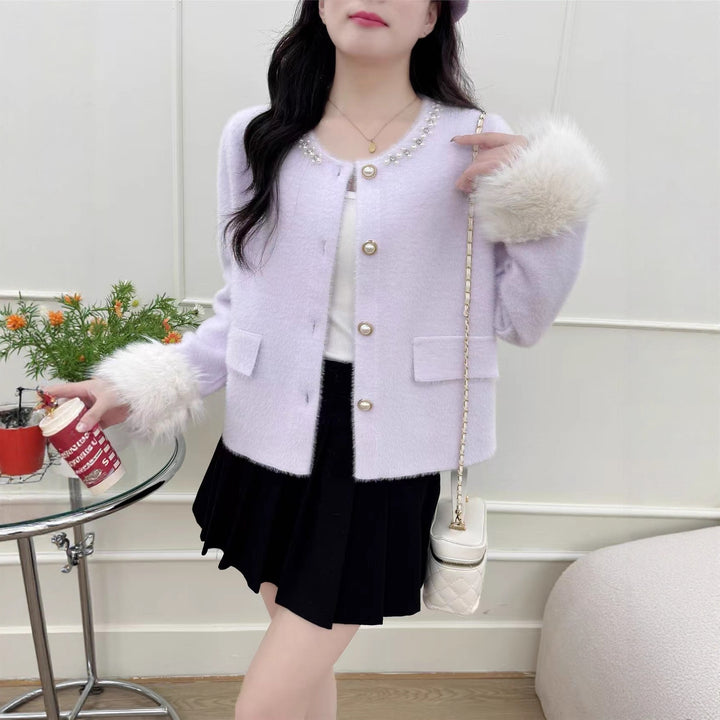 Damer elegant cardigan med perle dekoration og fluffy ærmer Stilla