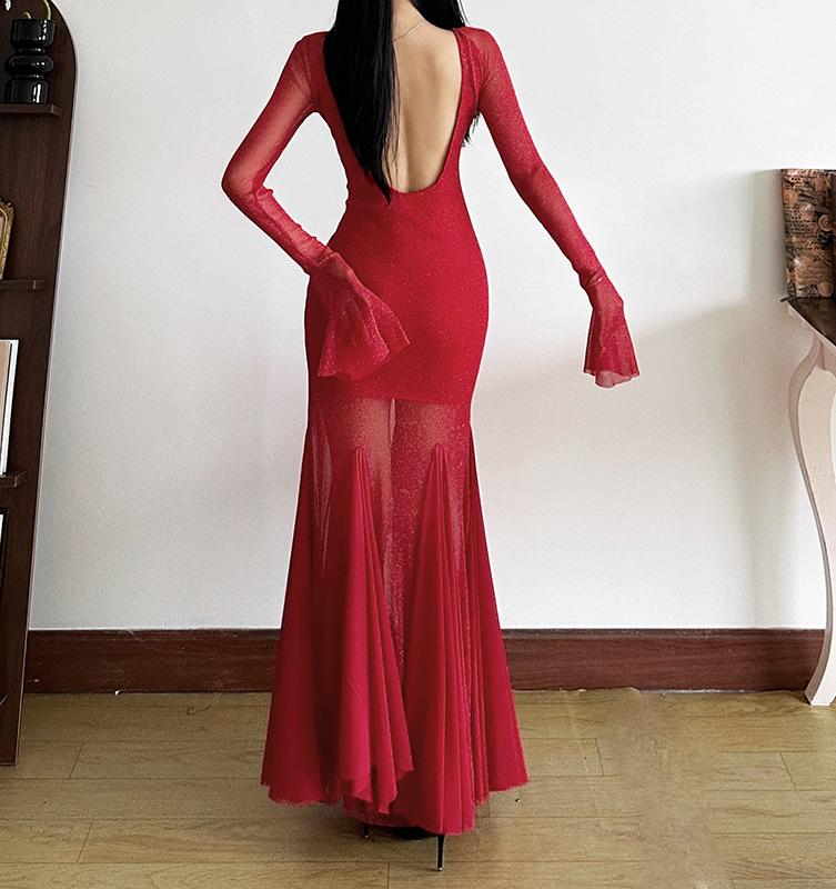 Dame Glamourøst Aftenkjole med transparente ærmer Stilla