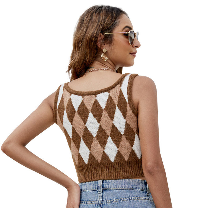 Dame strikcrop-top med rhombus-mønster Stilla