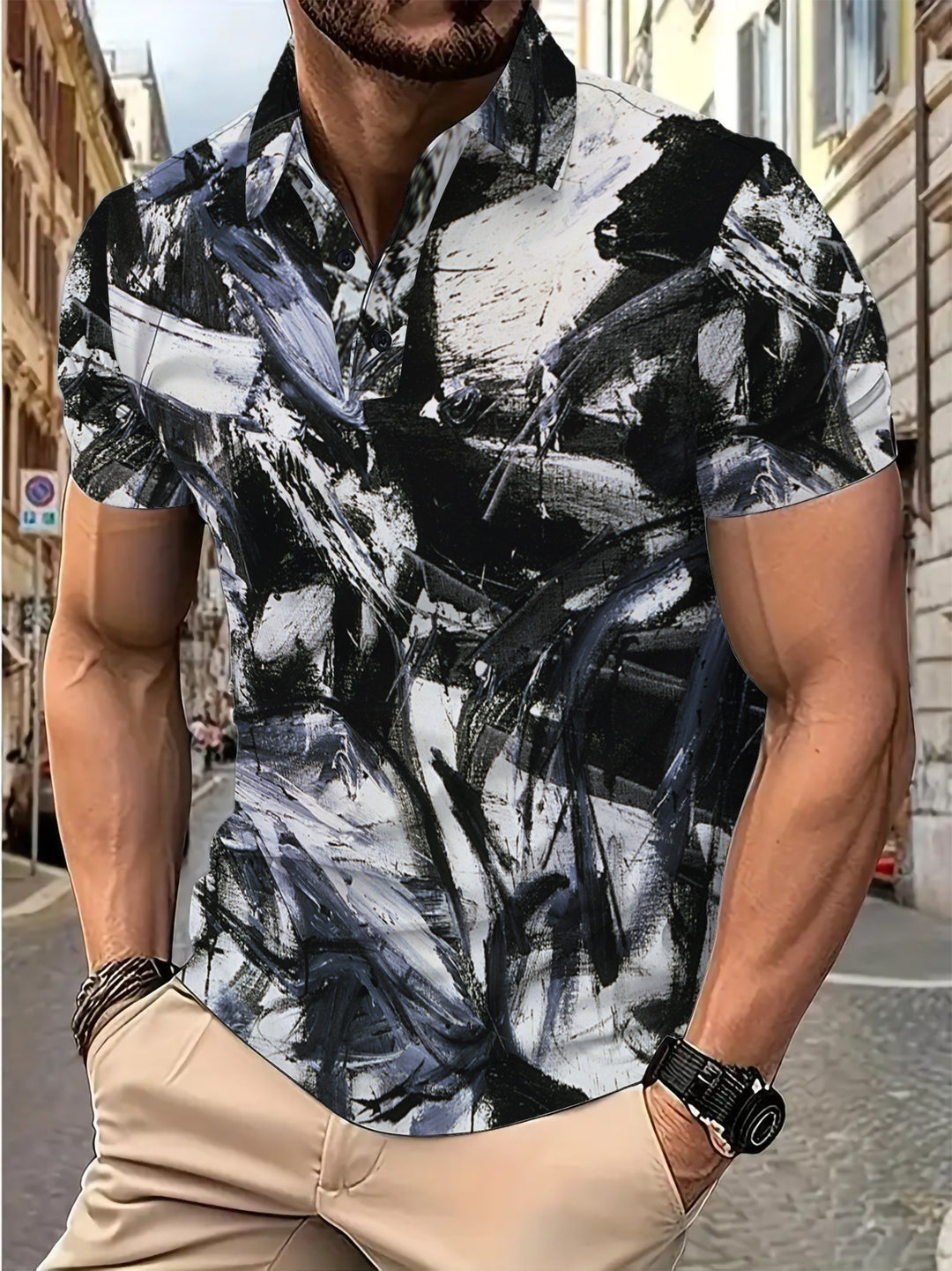 Herrer polo t-shirt med kunstnerisk penselstrøgsdesign Stilla