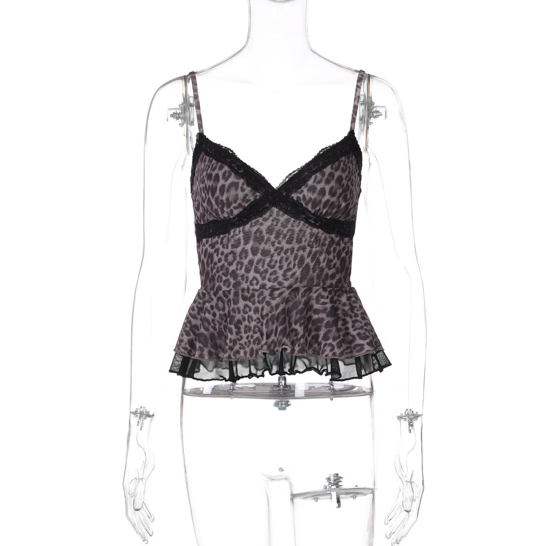 Dame Peplum-top med spidsdetaljer og elegant leopardmønster Stilla