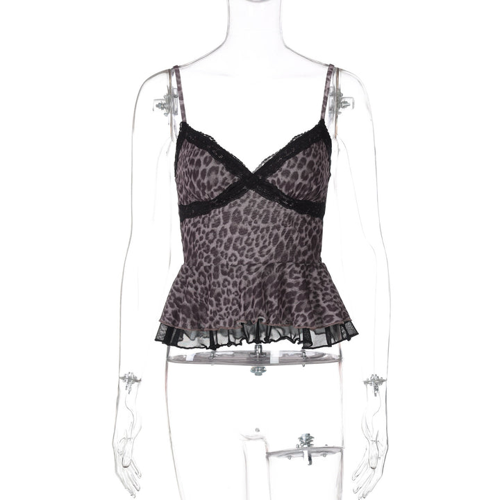 Dame Peplum-top med spidsdetaljer og elegant leopardmønster Stilla