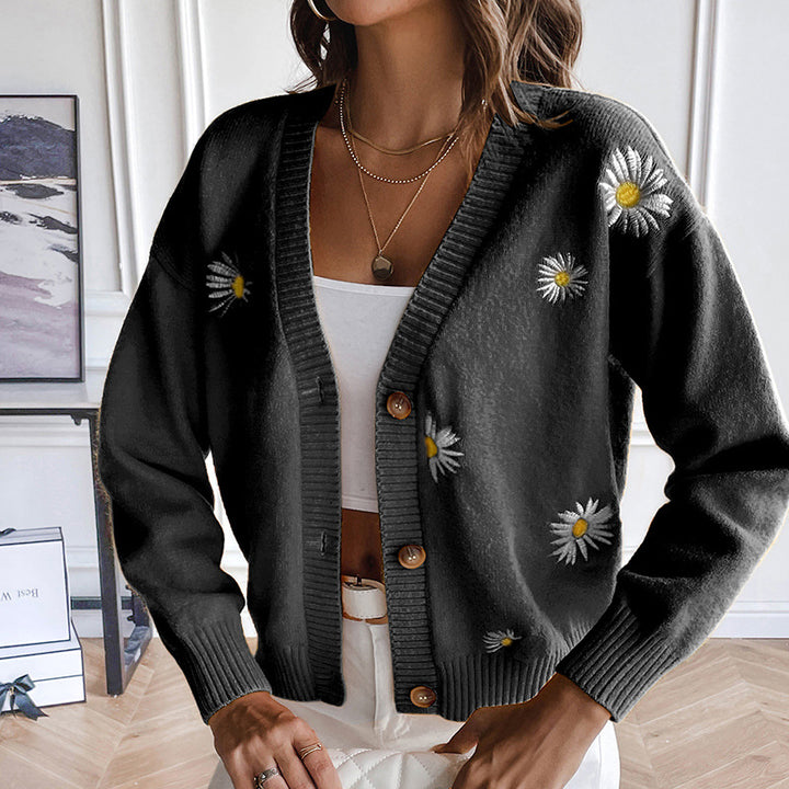 Dame Casual Strikjakke med florale Broderimotiver Stilla