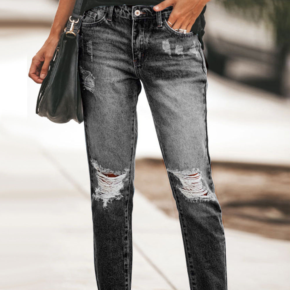 Dame Slim Fit Jeans med destroyed-detaljer og høj talje Stilla