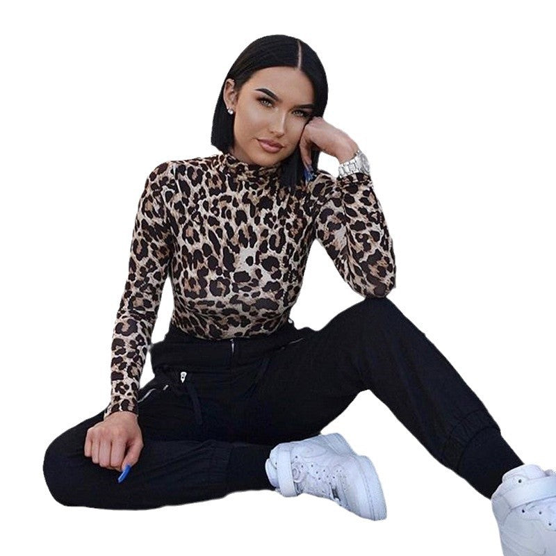 Dame Elegant Langærmet skjorte med ståkrave og leopardmønster Stilla