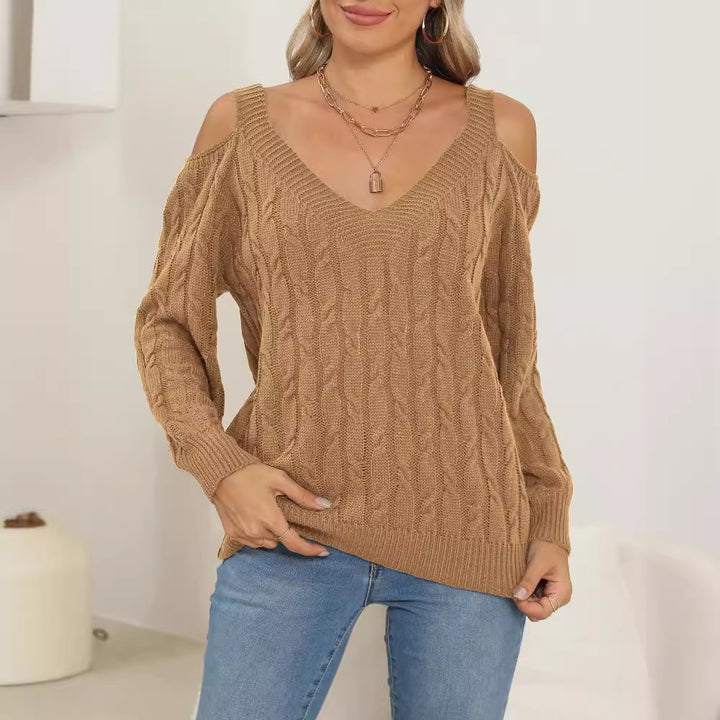 Dame strikpullover med dyb V-hals og afslappet off-shoulder-design Stilla