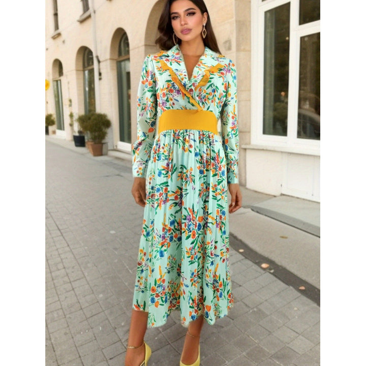 Dame Floral Print Midi Kjole med Bælte Talje Stilla