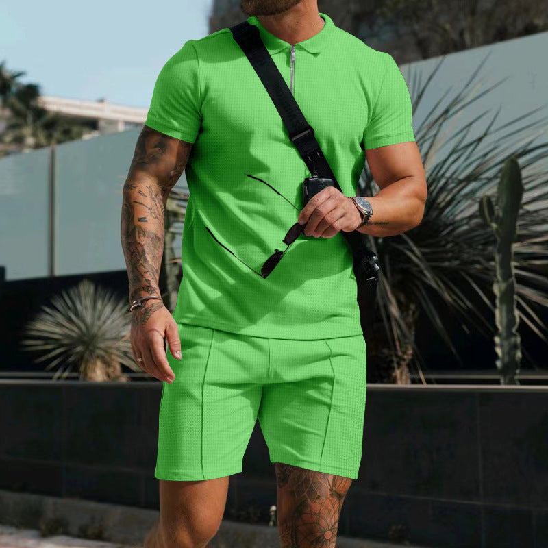 Herren nan sportives Poloshirt- og Chino-short-sæt med halvmidlertidig lynlås, struktureret jersey og diskret press fold Skovae