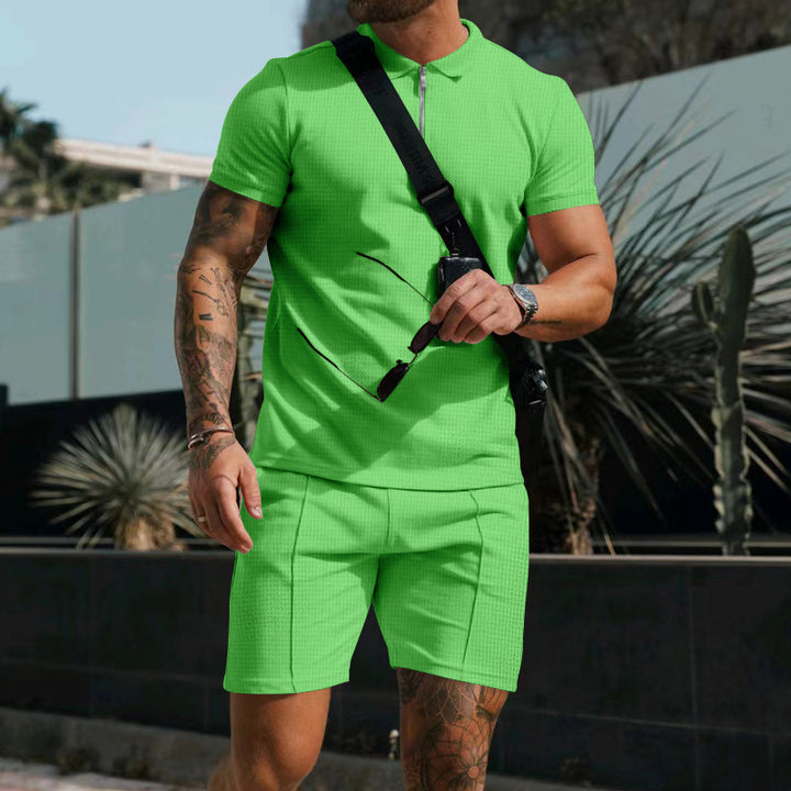 Herren nan sportives Poloshirt- og Chino-short-sæt med halvmidlertidig lynlås, struktureret jersey og diskret press fold Skovae