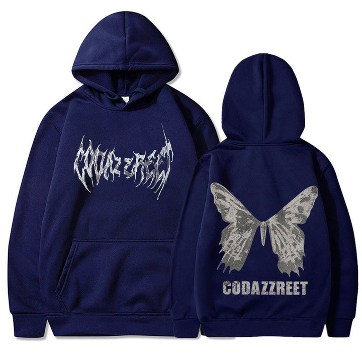 Kvinders hoodie med iøjnefaldende sommerfugl design og kunstnerisk skrift Skovae