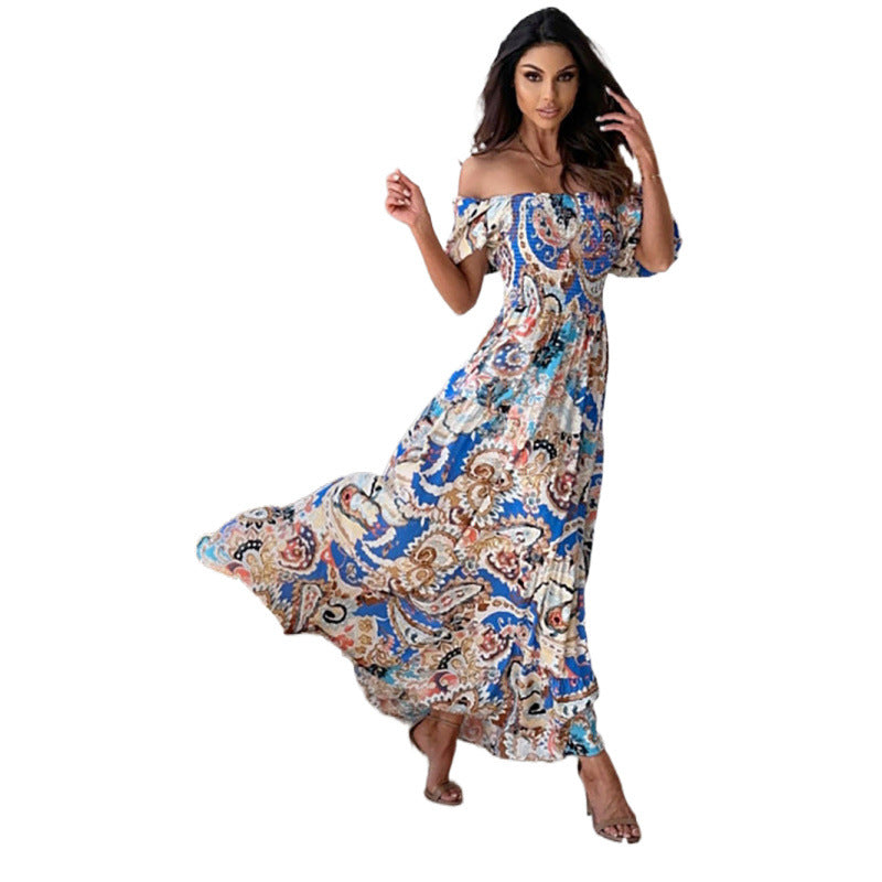 Femme Elegante Off-Shoulder Maxikjole med Boho-tryk Stilla