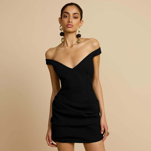 Dame elegant Off-Shoulder Minikjole med dyb V-hals og draperet kant Skovae
