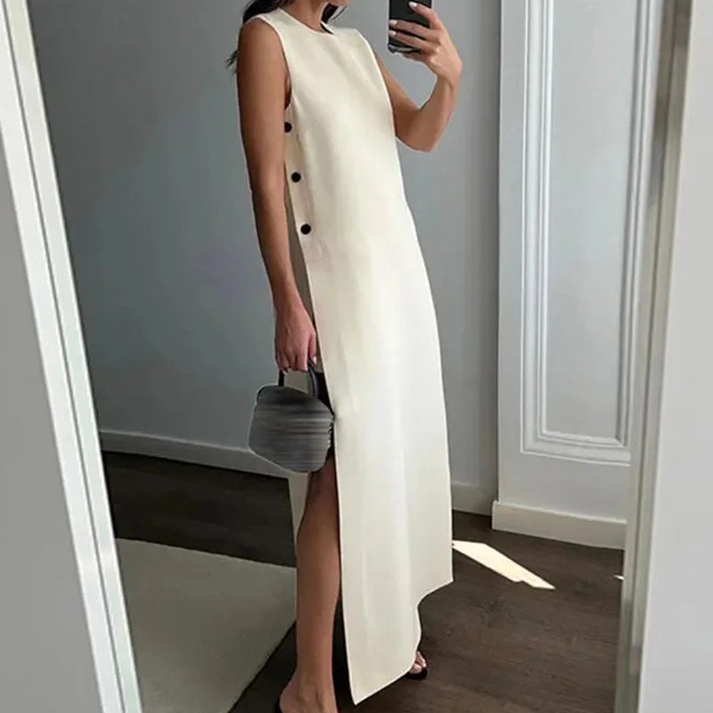 Dame Elegant lang kjole med sidelange slids og knapdetaljer Stilla