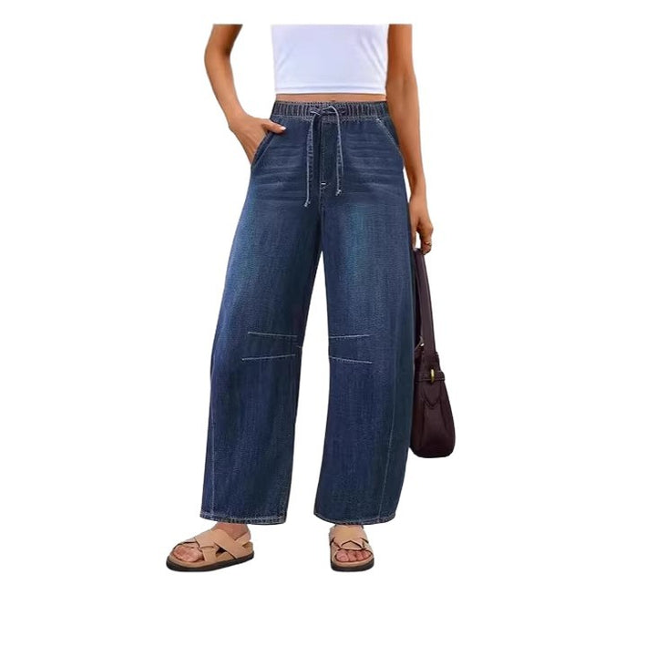 Dame bredde denim-bukser med elastisk talje og praktisk snit Skovae