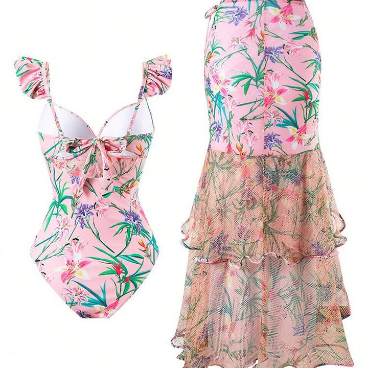 Dame One-Piece Badedragt med Rynkedetaljer og Floral Indpakningsskørt Skovae