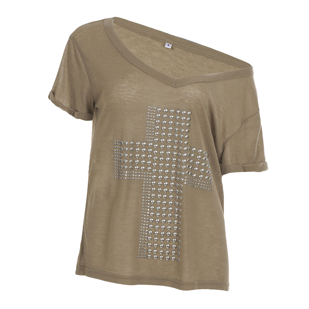 Damer V-hals T-shirt med stilfuldt nitte-dekor Skovae