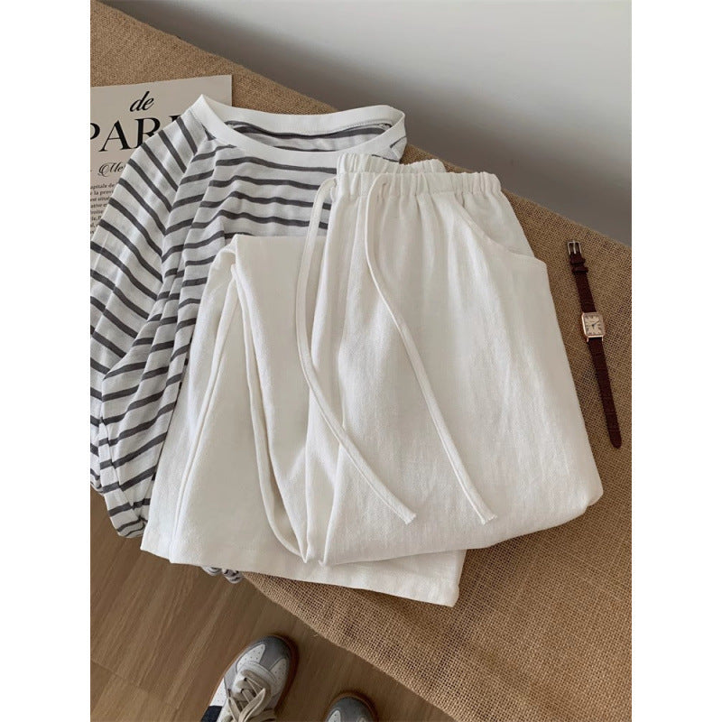 Dame Relaxed Fit Stribet Langærmet Top og Let Joggingbukser Sæt Stilla
