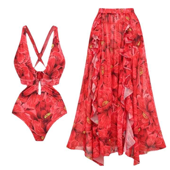 Femme Floral Print Badedragt-Sæt med gennemsigtig lagdelt Nederdel Stilla