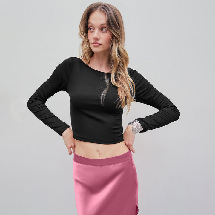 Kvinders Crop Top med Lange Ærmer og Elegant Rund Udsparing Stilla