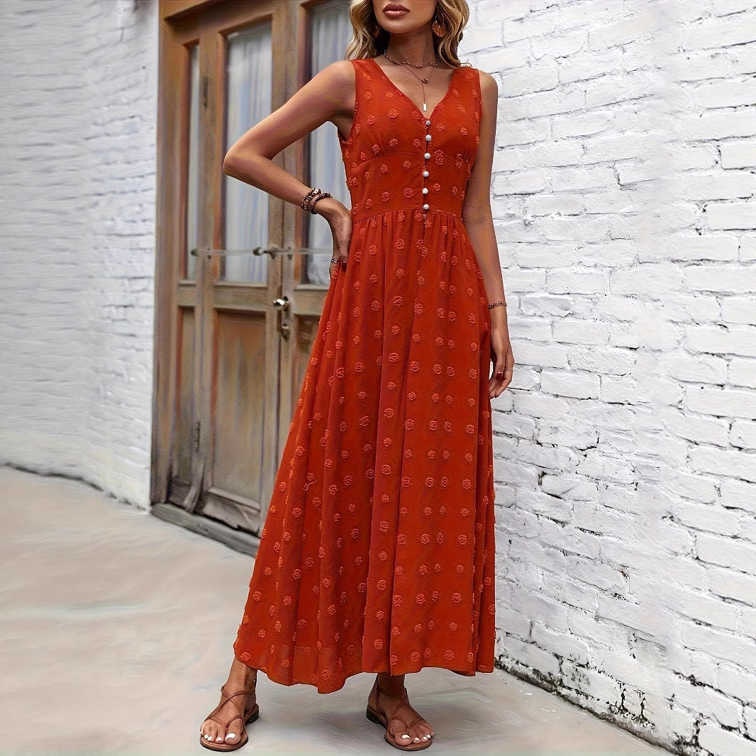 Dame Elegant Maxikjole i Boho-stil med knaplukning og sidelæg Stilla