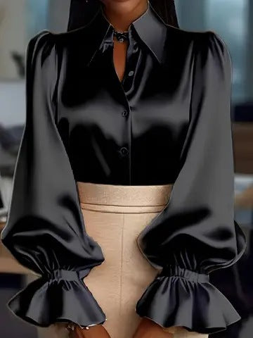 Dame elegant silke bluse med puffærmer og flot knapliste Skovae