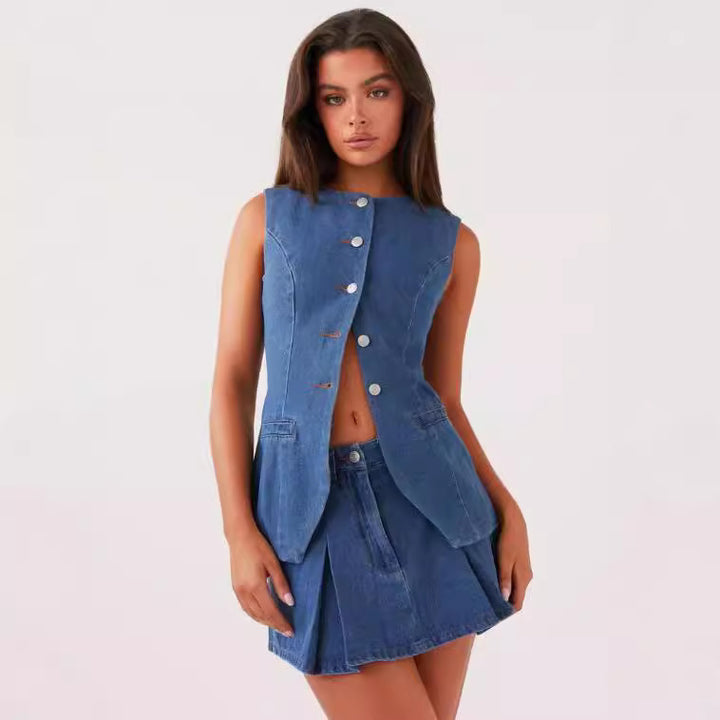 Dame Denim Latzbluse i moderne snit med praktiske lommer Stilla