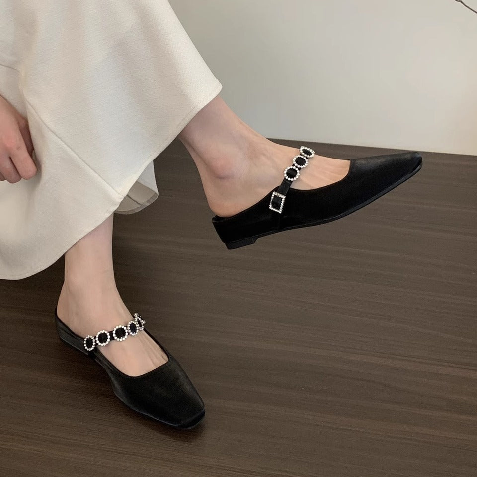 Dame elegante blokhæl-slingback-mules med dekorativt strassbånd Stilla