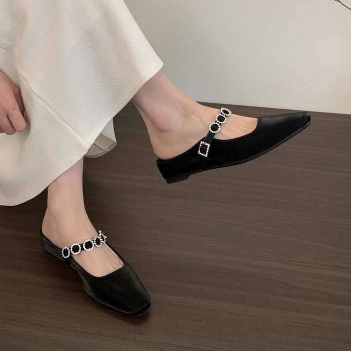 Dame elegante blokhæl-slingback-mules med dekorativt strassbånd Stilla