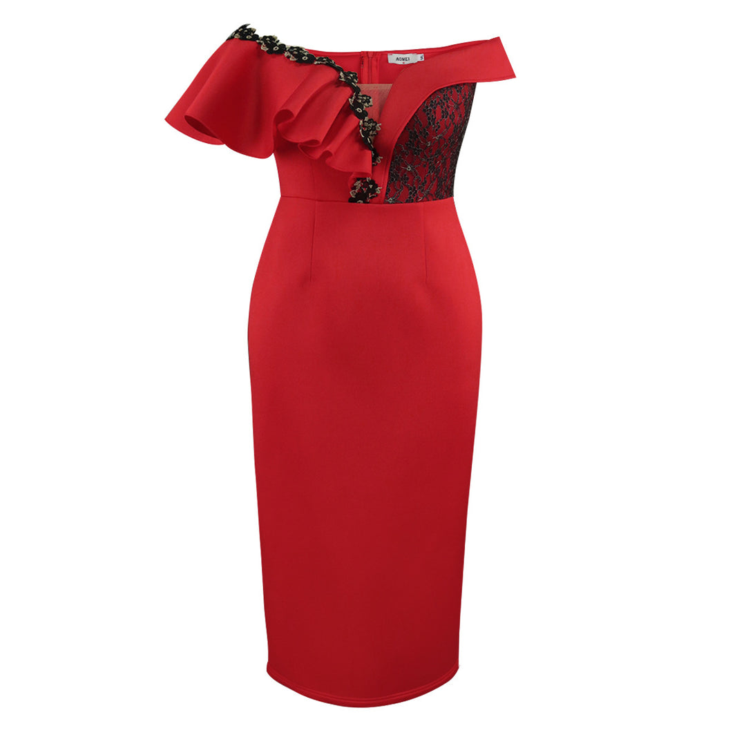 Dame elegant kjole med asymmetrisk snit og florale accenter Skovae