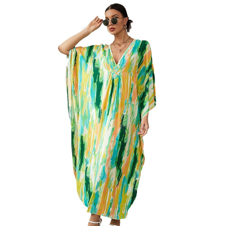 Dame Strandkaftan med elegant V-udskæring og farverigt mønster Stilla