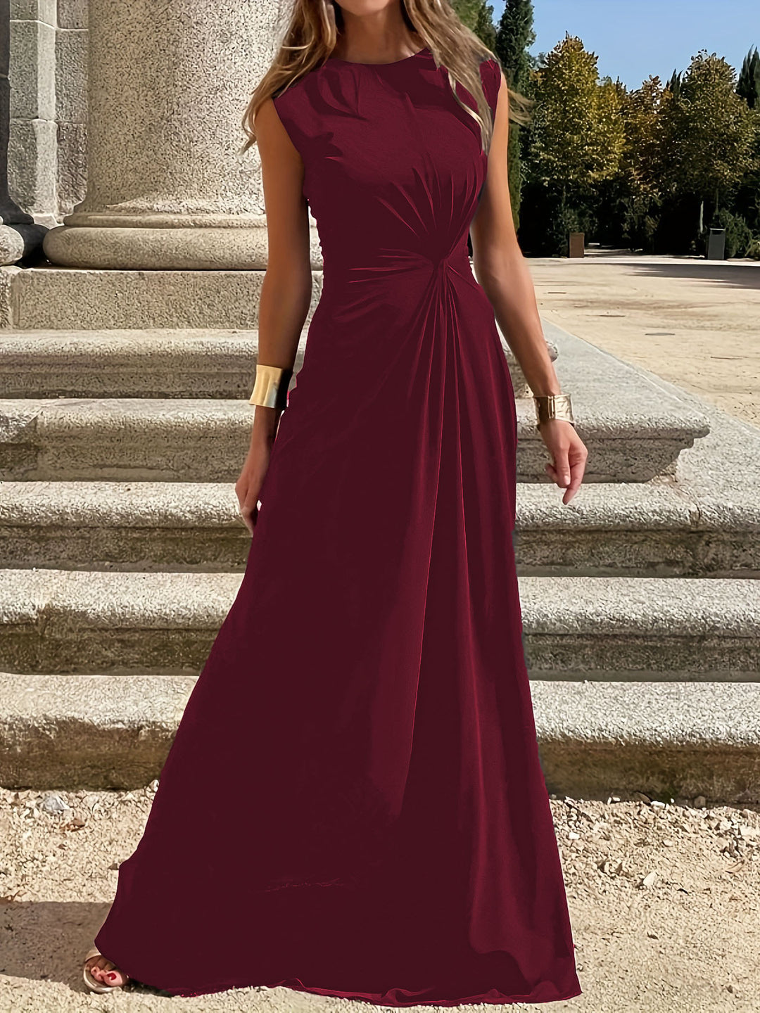 Dame elegant A-linje maxikjole med side rynkning Stilla