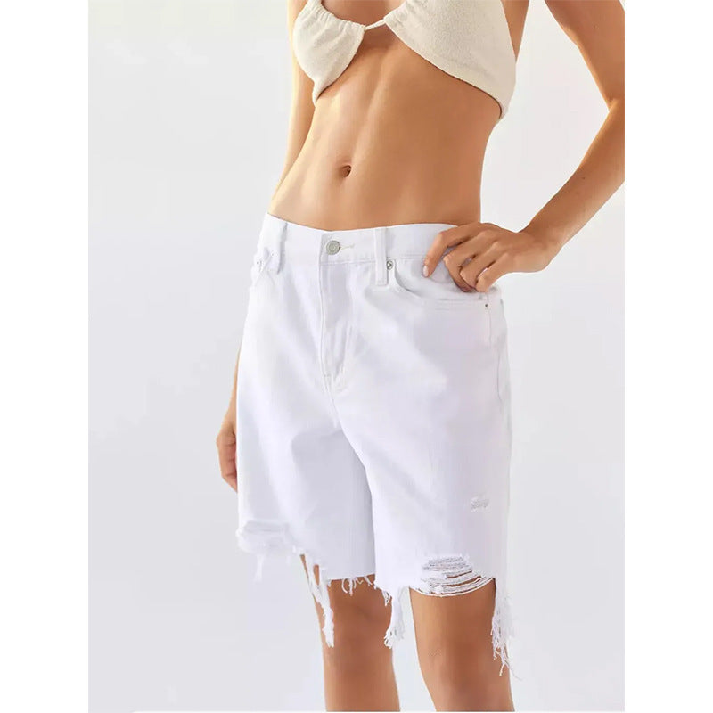 Dame Destroyed Jeans-Shorts med frynset kant og løs pasform Stilla