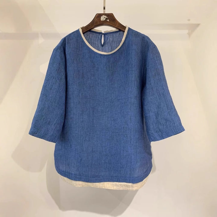 Femme Elegante Linned blouse med trekvartærmer Stilla