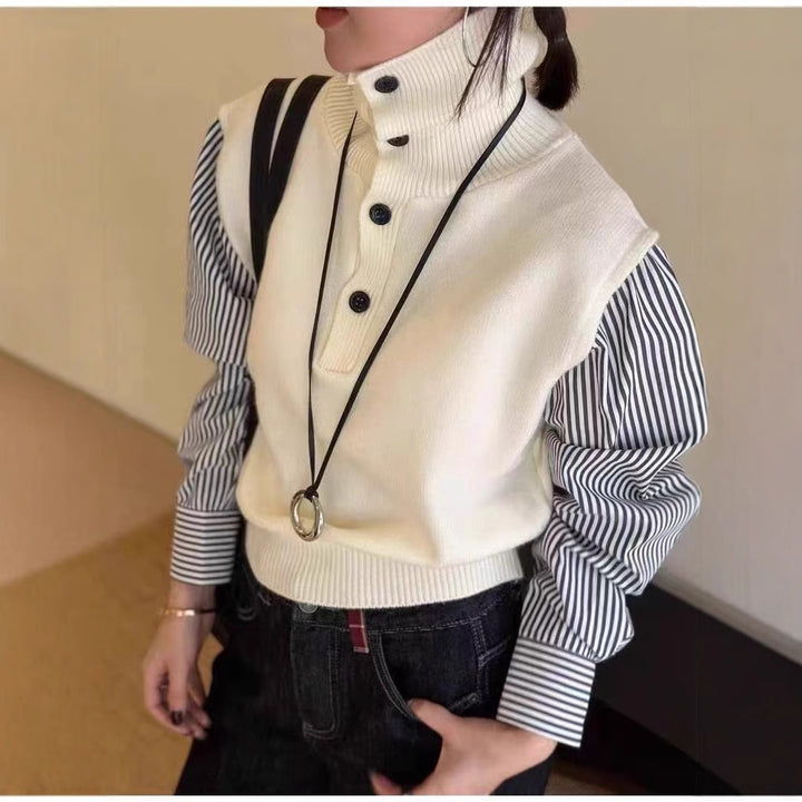 Dame moderigtig turtleneck sweater vest med skjorteærmer og knapdetaljer Stilla