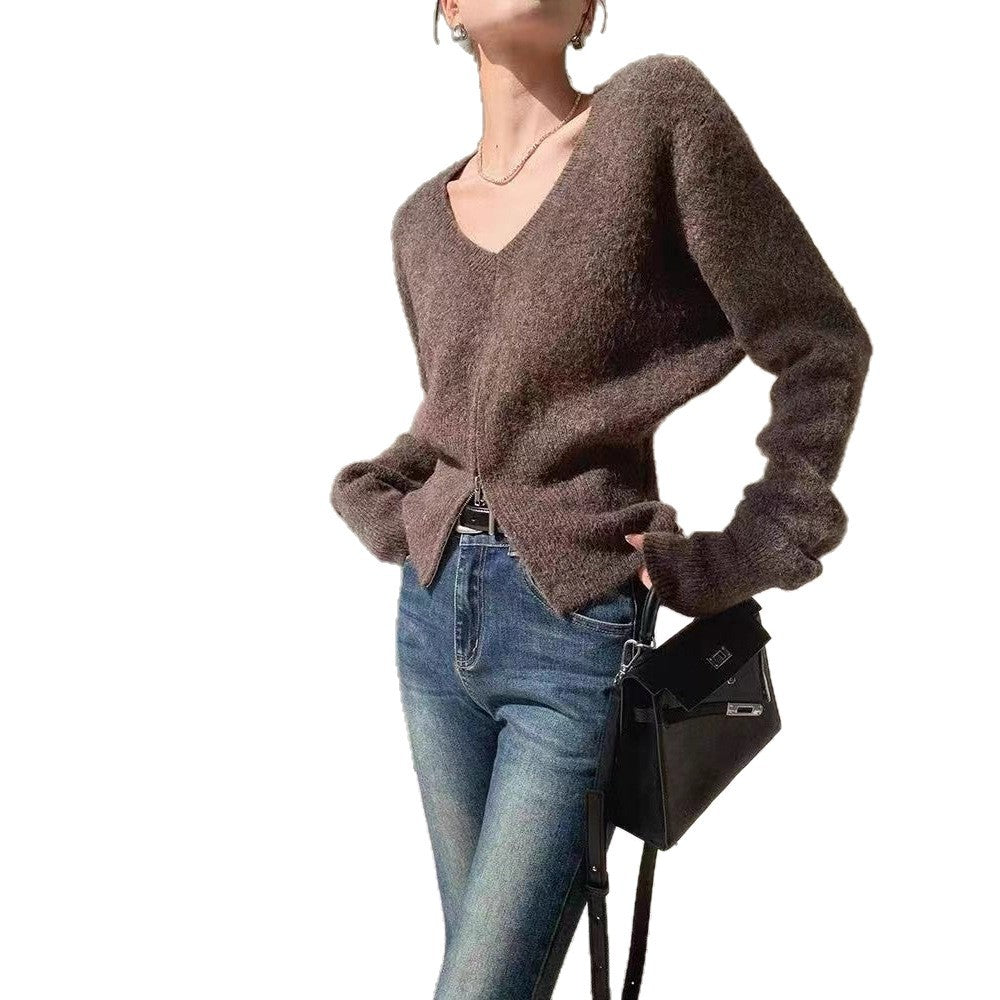 Damer fashionable cardigan med dyb V-hals og lynlås Stilla