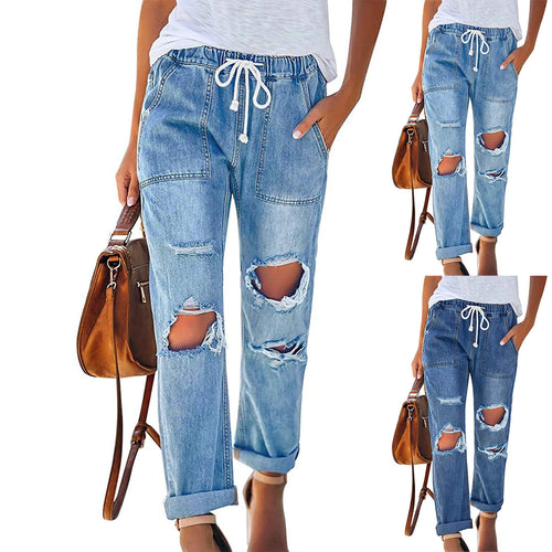 Dame Casual Denim-bukser med moderigtige revner og justerbar talje Stilla