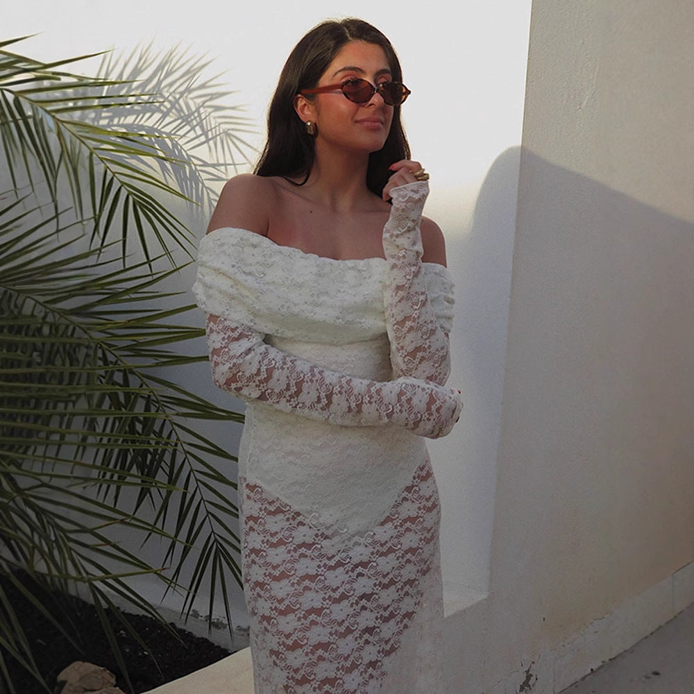 Dame Rynked Maxikjole med off-shoulder design og voluminøse ærmer Stilla