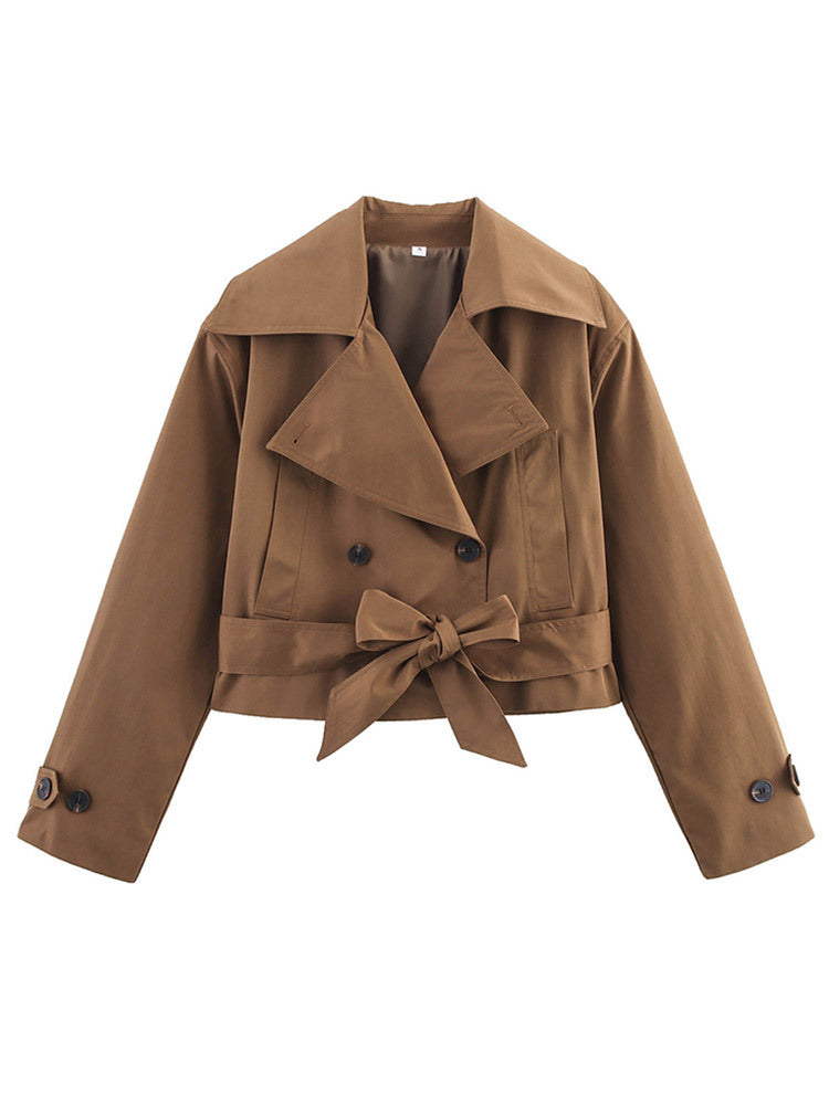 Dame Cropped Trenchcoat med bred revers og talje bælte Stilla