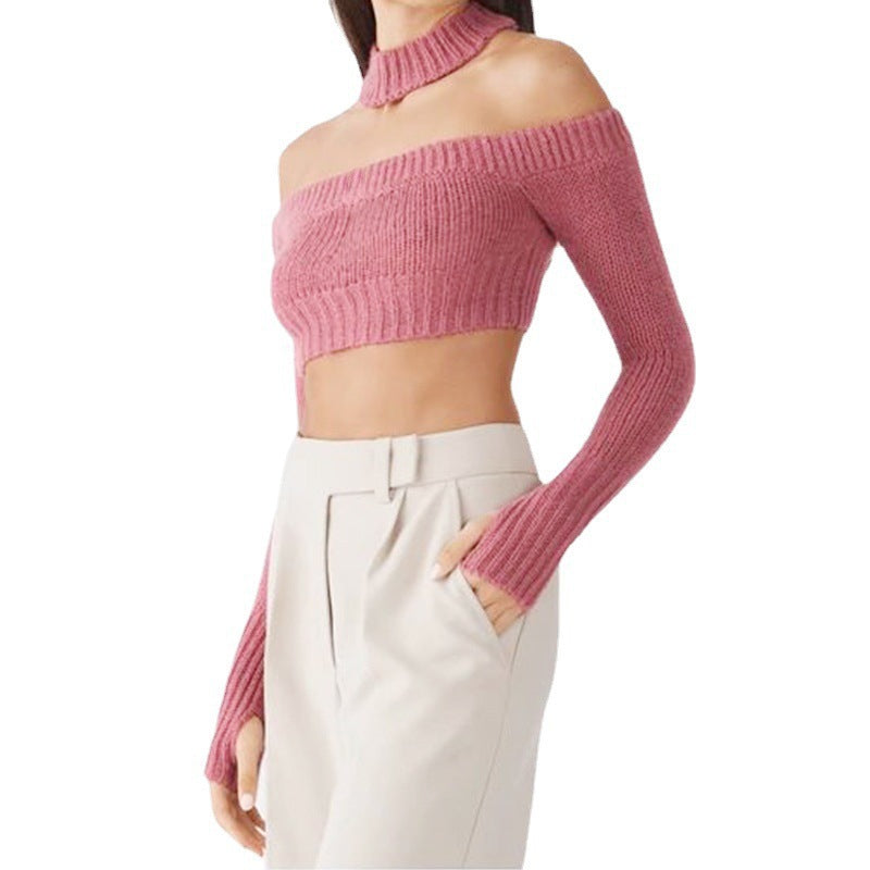 Dame Off-Shoulder Strikpullover med lange ærmer og Cropped-snit Stilla