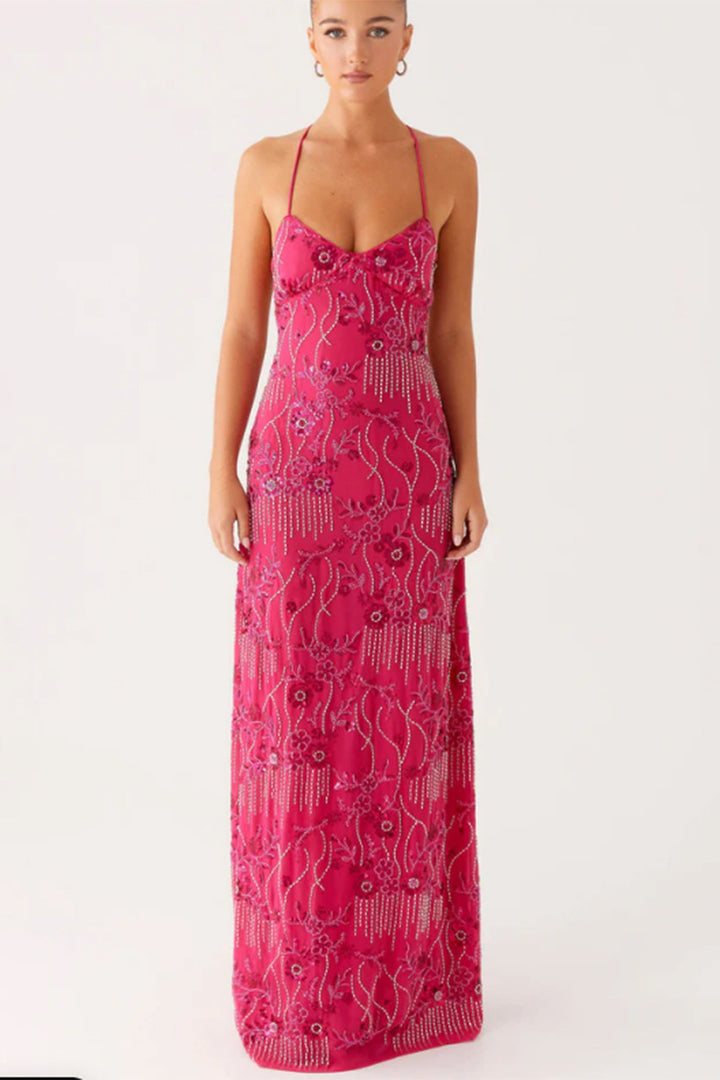 Ladies Elegant Maxi Dress with Alluring V-Neck and Sparkling Applications