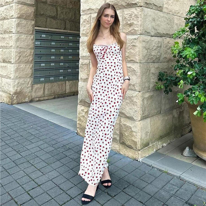Frau Spaghetti-strop sommer midi kjole med blomster-mønster Stilla
