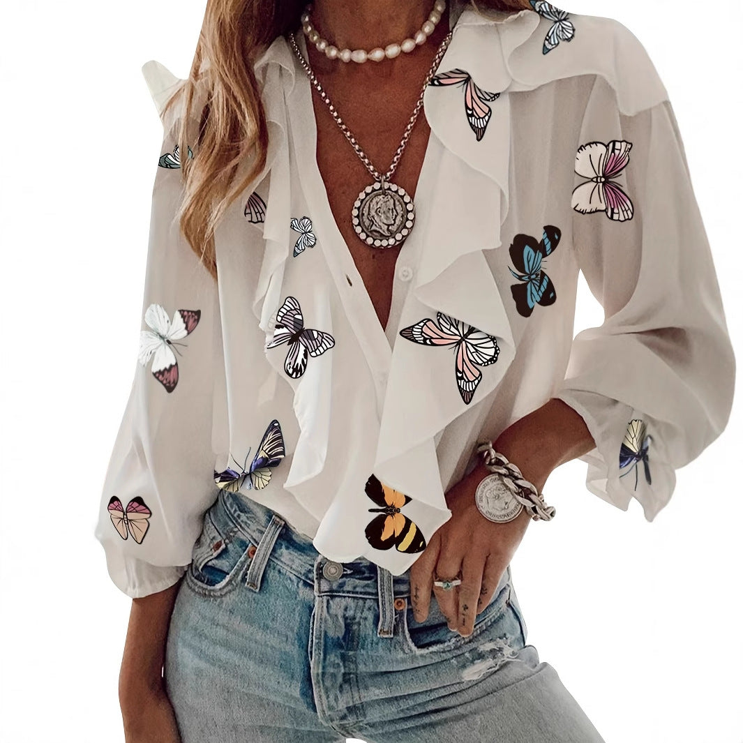 Femme Rynkede sommerfugletryk bluse Stilla