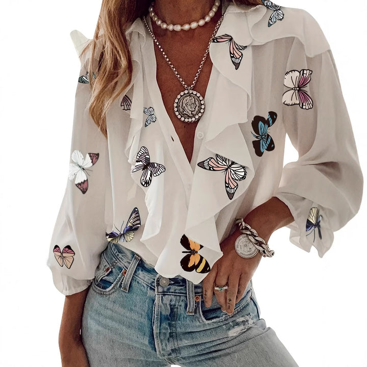 Femme Rynkede sommerfugletryk bluse Stilla