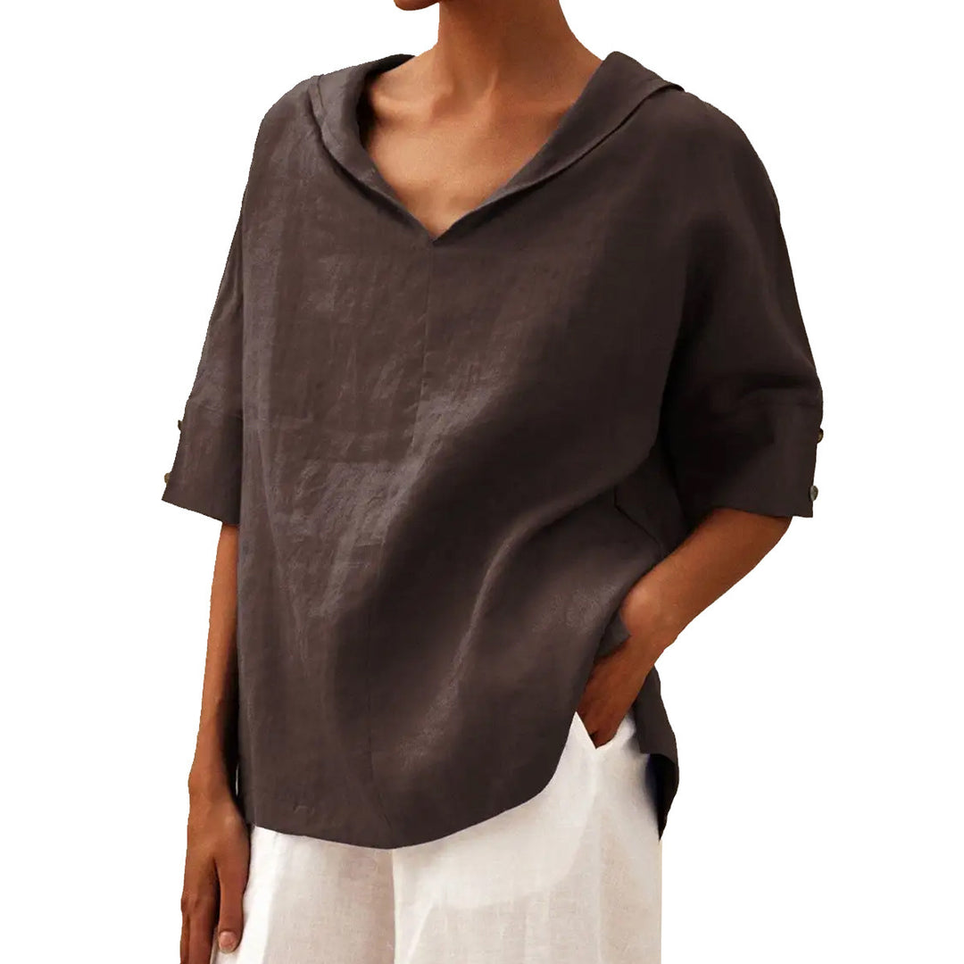Dame afslappet linned blouse med hætte og korte ærmer Stilla