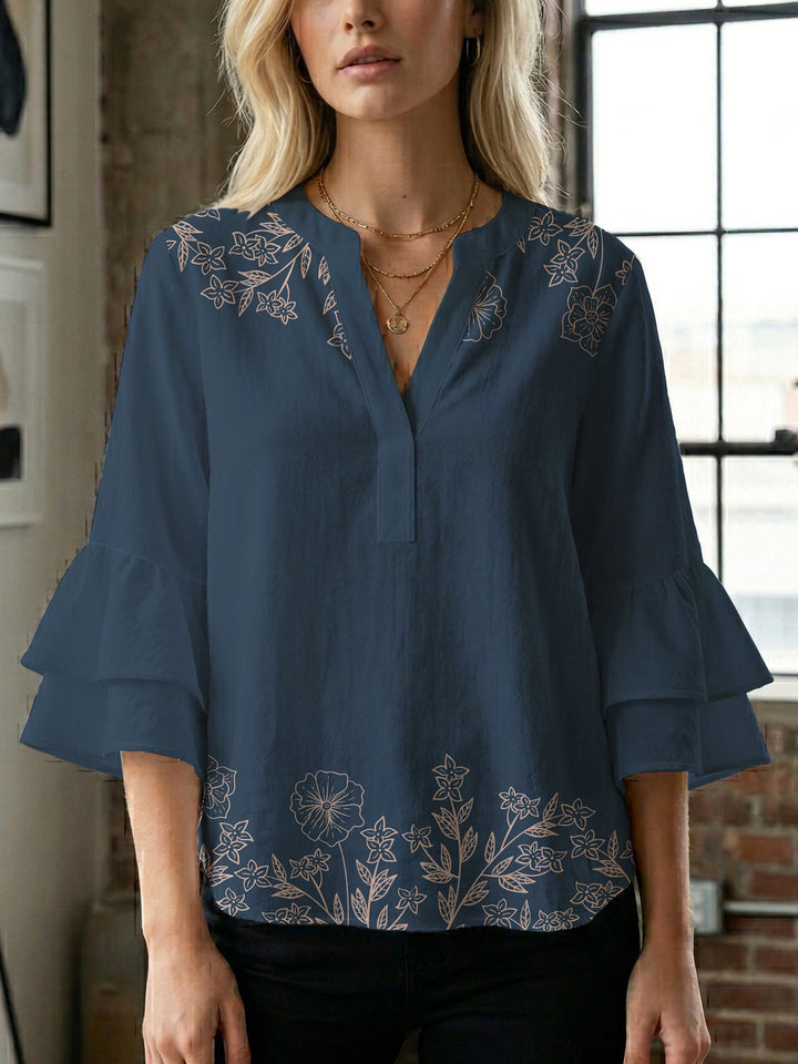 Damebluse med voluminøse rynkede ærmer og blomstertryk Skovae
