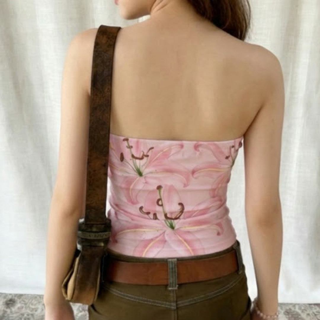 Dame bandeau-top med florale motiver og elastisk kant Skovae